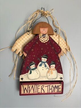 VTG Primitive Country Wood Angel & Snowman Winter Thyme Hanging Sign Decor 90’s